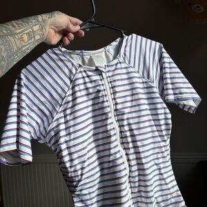 Kona Sol Blue and Red Striped Short Sleeve Bathing Suit